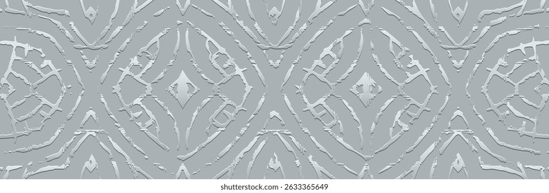 Banner, cover design. Geometric ethnic silver artistic 3d pattern on metallic silver background. Ornaments, arabesques, mandala, fresco, painting of the East, Asia, India, Mexico, Aztec, Peru.