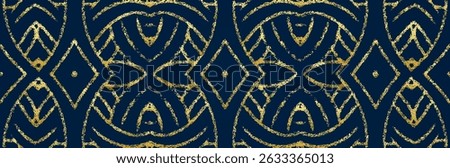 Banner, cover design. Geometric ethnic golden decorative 3D pattern on blue background. Ornaments, arabesques, mandala, fresco, painting of the East, Asia, India, Mexico, Aztec, Peru.