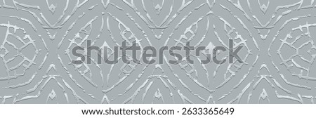 Banner, cover design. Geometric ethnic silver artistic 3d pattern on metallic silver background. Ornaments, arabesques, mandala, fresco, painting of the East, Asia, India, Mexico, Aztec, Peru.