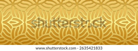 Banner, cover design. Geometric ethnic golden decorative 3D pattern on a golden background. Tribal ornaments, arabesques, mandala, fresco, painting of the East, Asia, India, Mexico, Aztec, Peru.