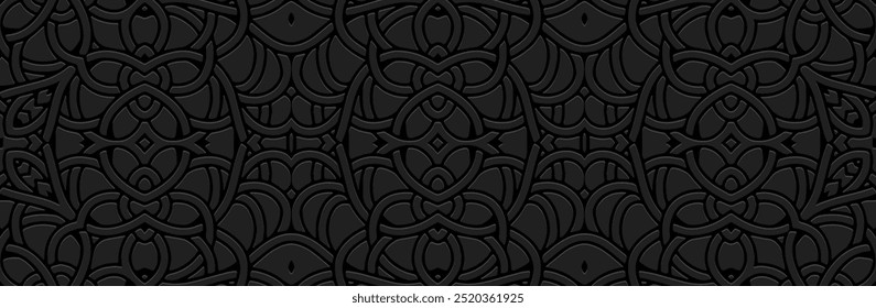 Banner, cover design. Geometric vintage 3D pattern on a black background, embossing. Openwork ornaments, arabesques, mandala, handwork of the peoples of the East, Asia, India, Mexico, Aztec, Peru.