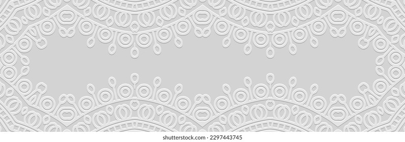Banner, cover design, place for text. Embossed 3D boho pattern, handmade, ornaments. Geometric white background. Tribal ethnic vector texture of East, Asia, India, Mexico, Aztec, Peru. 