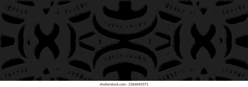 Banner, cover design. Relief ethnic geometric 3D pattern on a black background. Handmade, minimalism, boho. Vintage tribal creative ornaments of the East, Asia, India, Mexico, Aztec, Peru.