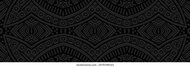 Banner, cover design. Relief geometric vintage original 3D pattern on a black background. Ethnic ornaments, arabesques, handmade. Motifs, traditions of the East, Asia, India, Mexico, Aztec, Peru.