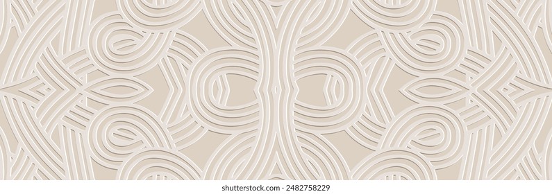 Banner, cover design. Relief geometric ethnic decorative 3D pattern on a white background. Abstraction from lines. Ornaments, handmade. Motifs of the East, Asia, India, Mexico, Aztec, Peru.