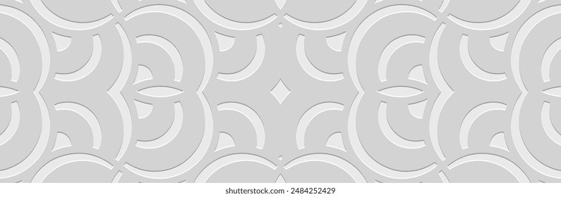 Banner, cover design. Relief geometric ethnic 3D pattern on a white background. Original ornaments, arabesques, doodles, zentangles. Tribal motifs of the East, Asia, India, Mexico, Aztec, Peru.