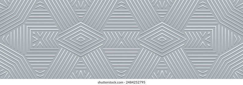 Banner, cover design. Relief geometric ethnic 3D pattern on a light background. Original ornaments, lines, stripes. Tribal motifs of the East, Asia, India, Mexico, Aztec, Peru.