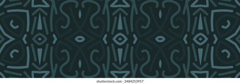 Banner, cover design. Relief geometric ethnic original 3D pattern on a dark background. Doodle, zentangle, anti-stress. Tribal minimalist motifs of the East, Asia, India, Mexico, Aztec, Peru.