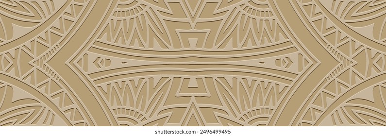 Anuncio, diseño de portada. Relieve geométrico único patrón 3D sobre un fondo claro, en relieve. Adornos étnicos, arabescos, hechos a mano. Motivos tribales de Oriente, Asia, India, México, Azteca, Perú.