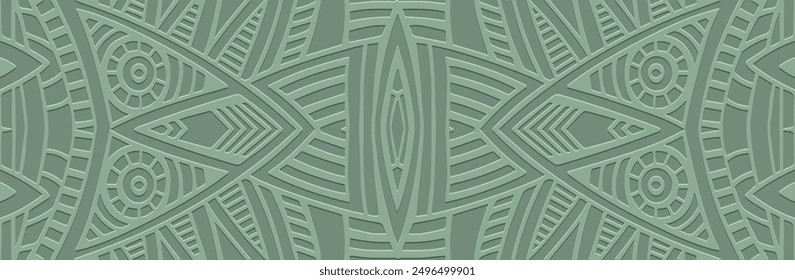 Banner, cover design. Relief geometric original 3D pattern on a green background, embossing. Ethnic ornaments, arabesques, handmade. Tribal motifs of the East, Asia, India, Mexico, Aztec, Peru.