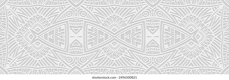 Banner, cover design. Relief geometric artistic 3D pattern on a white background, embossing. Ethnic ornaments, arabesques, handmade. Tribal motifs of the East, Asia, India, Mexico, Aztec, Peru.