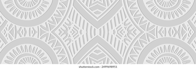 Banner, cover design. Relief geometric artistic 3D pattern on a white background, embossing. Ethnic ornaments, arabesques, handmade. Exotic motifs of the East, Asia, India, Mexico, Aztec, Peru.