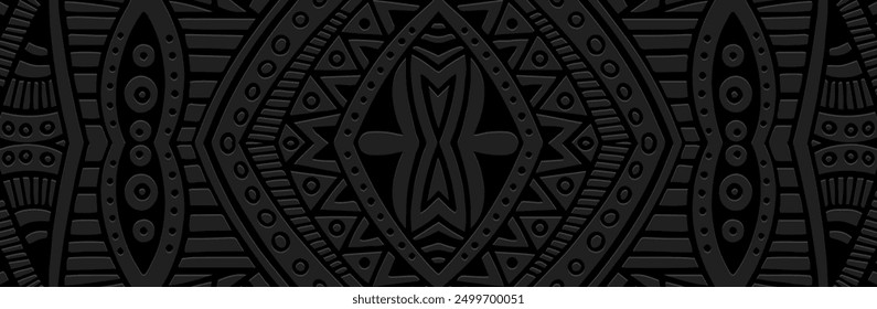 Banner, cover design. Relief geometric artistic boho 3D pattern on a black background, embossing. Ethnic ornaments, arabesques, handmade. Exotic motifs of the East, Asia, India, Mexico, Aztec, Peru.