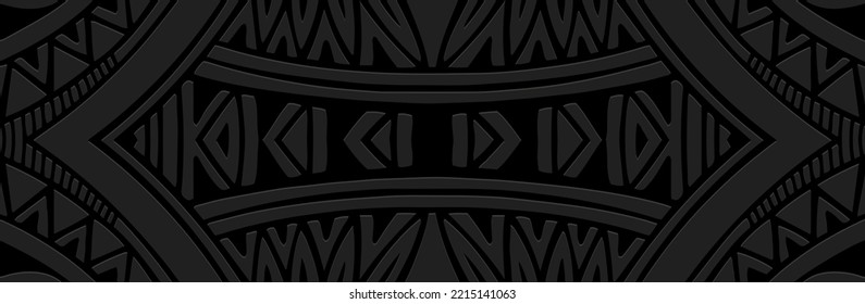 Banner, cover design unique. Embossed geometric 3d pattern on black background, paper press, boho style with handmade elements. Tribal ethnicity. Ornaments of the East, Asia, India, Mexico, Aztecs.