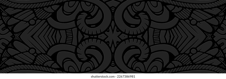 Banner, cover design unique. Embossed geometric 3d pattern on a black background. Ornaments handmade East, Asia, India, Mexico, Aztecs, Peru. Ethnic boho motifs.