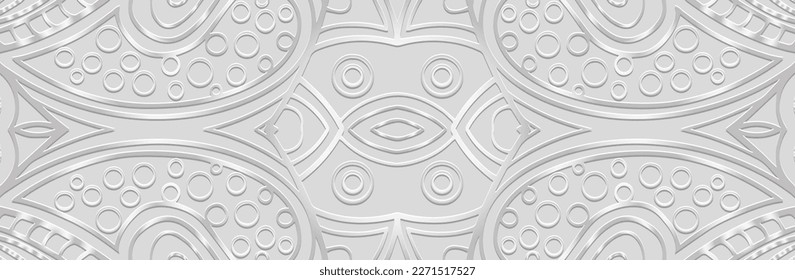 Banner, cover design unique. Embossed geometric 3d pattern on a light background. Ethnic boho, handmade vintage themes of the peoples of the East, Asia, India, Mexico, Aztecs, Peru.