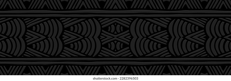 Banner, diseño de portada único. Patrón geométrico 3D emboscado en un fondo negro. Temas del Este, Asia, India, México, Aztecas, Perú. Boho tribal, garabato y zentángulo, antiestrés.