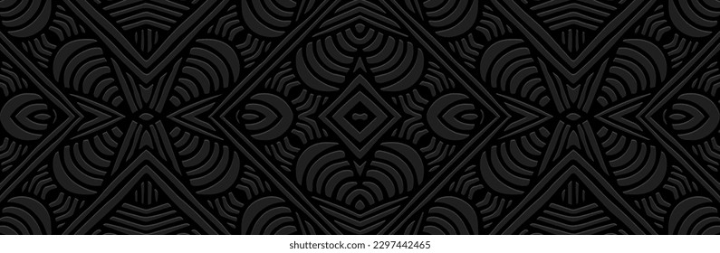 Banner, diseño de portada único. Patrón de boho 3D grabado, hecho a mano, adornos. Fondo geométrico negro. Textura vectorial étnica tribal de Oriente, Asia, India, México, Azteca, Perú.