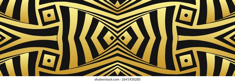 Banner, cover design, wallpaper, black background. Geometric linear gold pattern, template. Golden texture. Ethnic ornaments, arabesques, mandala, fresco, logo of the East, Asia, India, Mexico, Aztec,