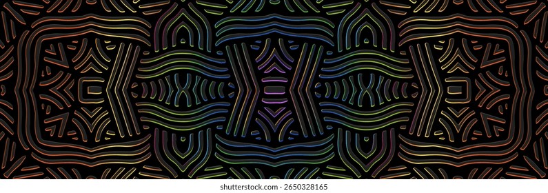Banner, cover design, wallpaper, fresco. Geometric ethnic shiny artistic pattern on black background, embossing, 3D. Ornaments, arabesques, mandala, painting of the East, Asia, India, Mexico, Aztec.