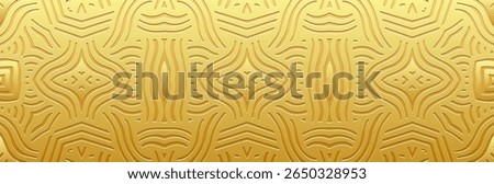 Banner, cover design, wallpaper, fresco. Geometric ethnic gold pattern on a gold background, embossing, 3D. Ornaments, arabesques, mandala, painting of the East, Asia, India, Mexico, Aztec, Peru.