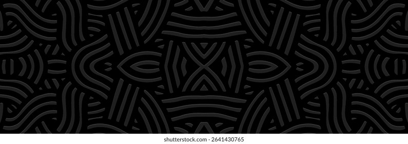 Banner, cover design, wallpaper. Geometric ethnic abstract pattern on black background, embossing. 3D relief ornaments, arabesques, mandala, fresco, painting of the East, Asia, India, Mexico, Aztec.
