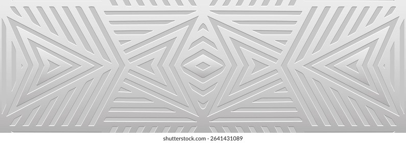 Banner, cover design, wallpaper. Geometric ethnic abstract pattern on silver background, embossing. 3D relief ornaments, arabesques, mandala, fresco, painting of the East, Asia, India, Mexico, Aztec.