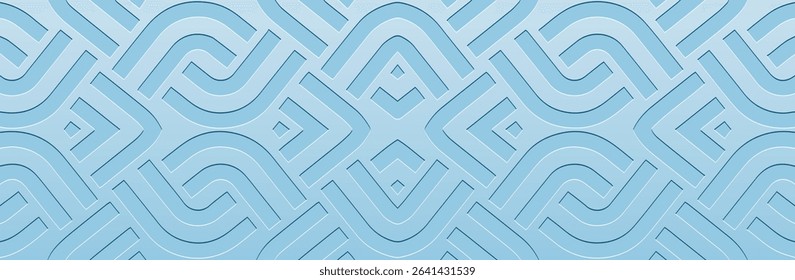 Banner, cover design, wallpaper. Geometric ethnic abstract  pattern on a blue background. Embossed 3D ornaments, arabesques, mandala, fresco, painting of the East, Asia, India, Mexico, Aztec, Peru. 