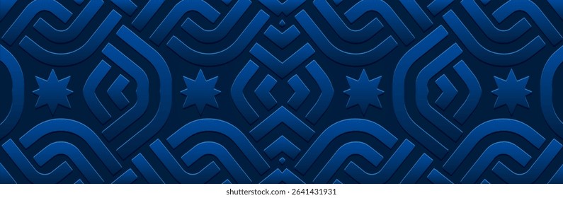 Banner, cover design, wallpaper. Geometric ethnic decorative  pattern on a dark blue background. Embossed 3D ornaments, arabesques, mandala, fresco, painting of the East, Asia, India, Mexico, Aztec.