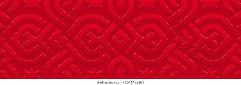 Banner, cover design, wallpaper. Geometric ethnic original  pattern on a red background. Embossed 3D ornaments, arabesques, mandala, fresco, painting of the East, Asia, India, Mexico, Aztec, Peru. 



