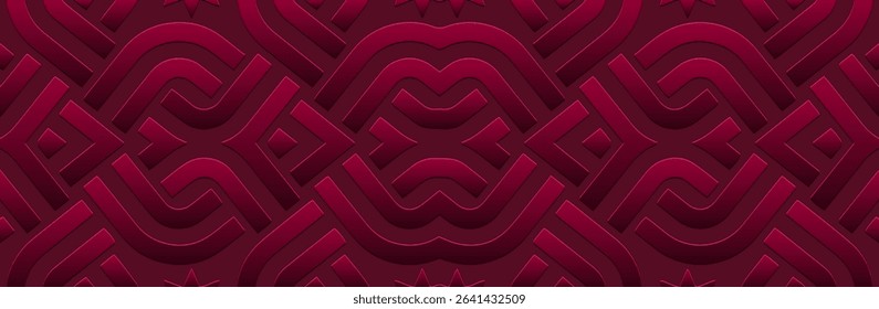 Banner, cover design, wallpaper. Geometric ethnic vintage pattern on a burgundy background. Embossed 3D ornaments, arabesques, mandala, fresco, painting of the East, Asia, India, Mexico, Aztec, Peru.