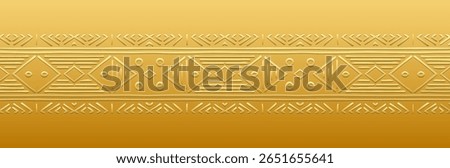 Banner, cover design, wallpaper. Tribal fresco. Geometric ethnic golden minimalist pattern on golden background, embossing, 3D. Ornaments, arabesques, mandala, painting of the East, Asia, India, Mexic