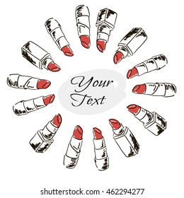 Banner, cover. Doodle image. Hand drawing. Different lipstick. Round frame of lipsticks. Place for your text