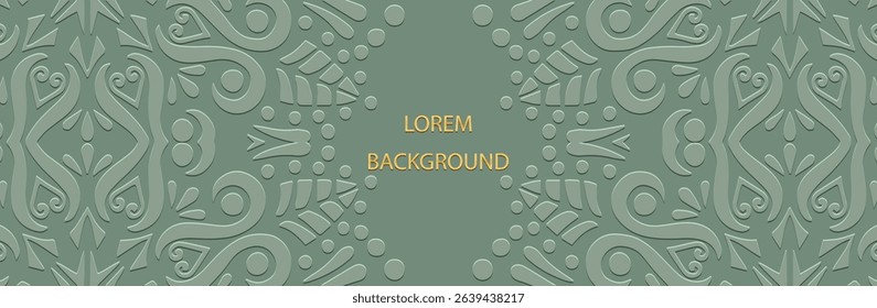 Banner, cover. Green lorem background. Geometric ethnic artistic 3D pattern in handmade style. Relief ornaments, arabesques, mandala, fresco, painting of the East, Asia, India, Mexico, Aztec, Peru.
