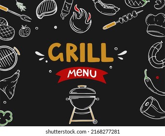 Banner cover for a menu with grill and barbecue elements for a restaurant bar cafe on a black background Vector illustration of doodles