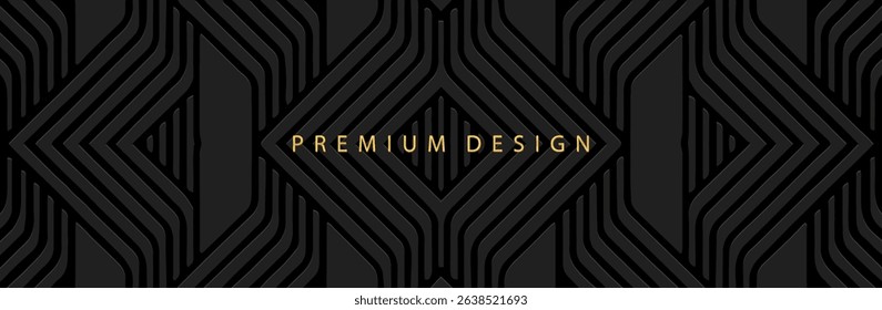 Banner, cover. Premium design. Geometric ethnic abstract 3D pattern on a black background, art deco. Relief ornaments, arabesques, mandala, fresco, painting of the East, Asia, India, Mexico, Aztec.
