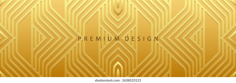 Banner, cover. Premium design. Geometric ethnic gold 3D pattern on a gold background, art deco. Embossed tribal ornaments, arabesques, mandala, fresco, painting of the East, Asia, India, Mexico, Aztec