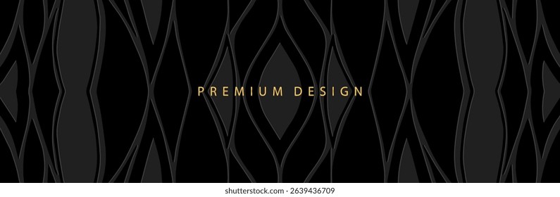 Banner, cover. Premium design. Geometric ethnic decorative pattern on a black background, embossing, art deco. 3D ornaments, arabesques, mandala, fresco, painting of the East, Asia, India, Mexico.