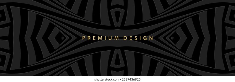 Banner, cover. Premium design. Geometric ethnic abstract pattern on a black background, embossing, art deco. 3D ornaments, arabesques, mandala, fresco, painting of the East, Asia, India, Mexico, Aztec