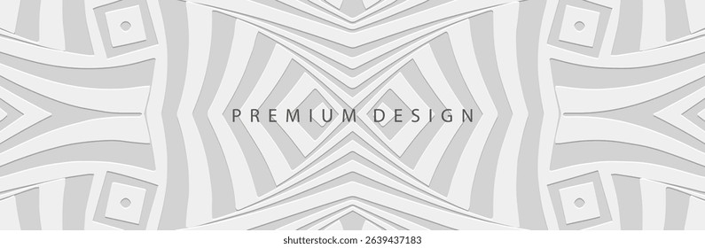 Banner, cover. Premium design. Geometric ethnic linear pattern on white background, embossing, art deco. 3D ornaments, arabesques, mandala, fresco, painting of the East, Asia, India, Mexico, Aztec.