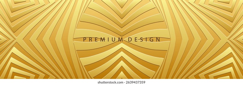 Banner, cover. Premium design. Geometric ethnic gold pattern on a gold background, embossing, art deco. 3D tribal ornaments, arabesques, mandala, fresco, painting of the East, Asia, India, Mexico.