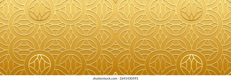 Banner, cover, wallpaper. Geometric ethnic gold pattern on gold background, embossing. 3D tribal ornaments, arabesques, mandala, fresco, painting of the East, Asia, India, Mexico, Aztec, Peru.