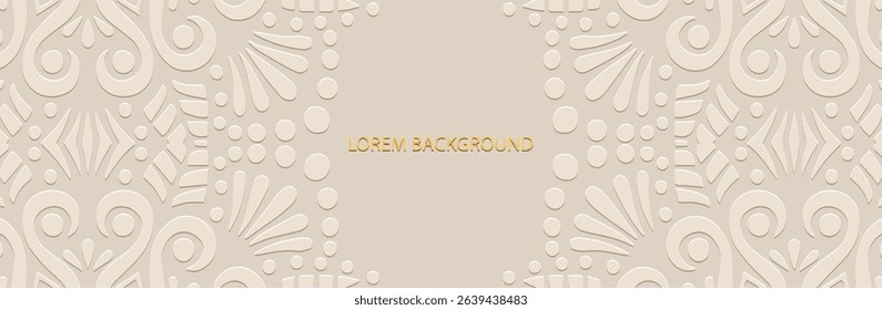 Banner, cover. White lorem background. Geometric ethnic artistic 3D pattern in handmade style. Relief ornaments, arabesques, mandala, fresco, painting of the East, Asia, India, Mexico, Aztec, Peru.