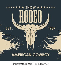 Banner for a Cowboy Rodeo show in retro style. Vector illustration with a skull of bull and lettering on an abstract background with black wings. Suitable for poster, label, flyer, banner, invitation