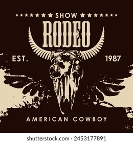 Banner for a Cowboy Rodeo show in retro style. Vector illustration with a skull of bull and lettering on an abstract background with black wings. Suitable for poster, label, flyer, banner, invitation