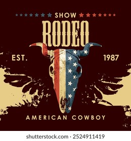 Banner for Cowboy Rodeo show in retro style. Vector illustration with  skull of bull with USA flag and lettering on background with black wings. Suitable for poster, label, flyer, banner, invitation