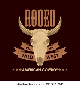 Banner for a Cowboy Rodeo show. Vector illustration with a skull of bull and lettering in retro style. Suitable for poster, label, flyer, invitation, t-shirt design