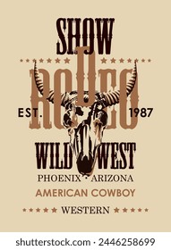 Banner für eine Cowboy-Rodeo-Show. Vektorillustration mit einem Schädel aus Stier und Schriftzug im Retro-Stil. Geeignet für Poster, Label, Flyer, Einladung, T-Shirt Design