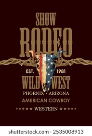 Banner for a Cowboy Rodeo show. Vector illustration with a skull of bull with USA flag and lettering in retro style. Suitable for poster, label, flyer, invitation, t-shirt design