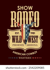 Banner para um show do Cowboy Rodeo. Ilustração vetorial com um crânio de touro com bandeira dos EUA e letras em estilo retro. Adequado para cartaz, etiqueta, folheto, convite, design de t-shirt